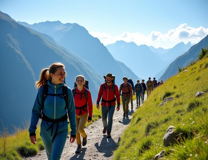 Guided hiking group in Swiss mountains